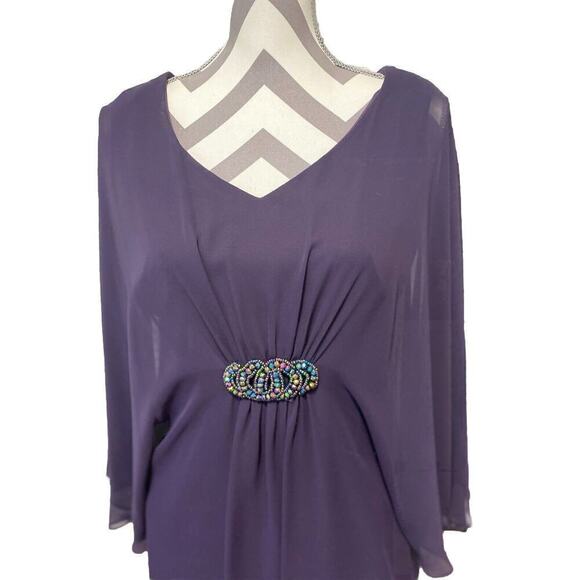 Connected Apparel Womens Purple Cocktail Sheath Dress Fairy Sheer Sleeve Beaded - Picture 2 of 6